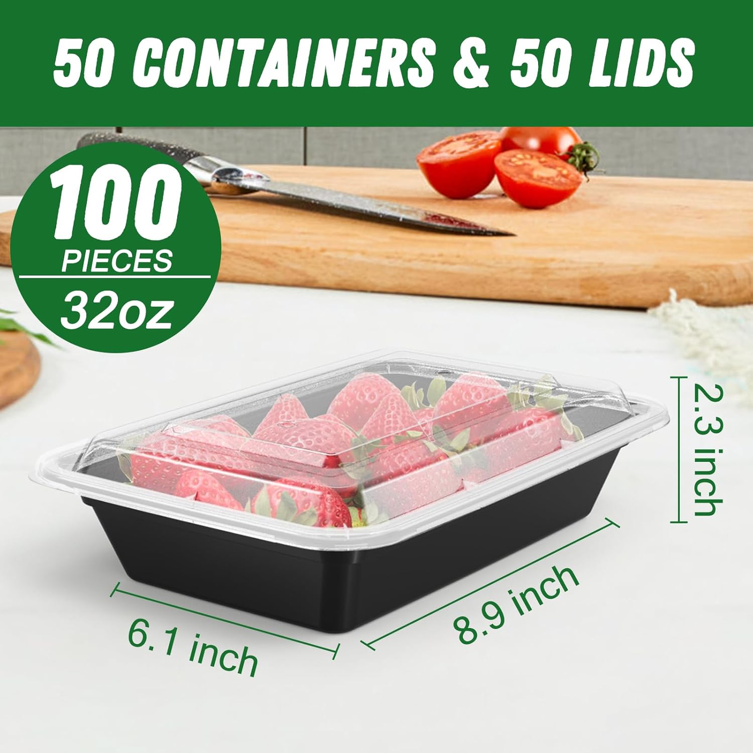Regine Switzerland 32 oz Meal Prep Containers - 50 Pack Reusable, Leakproof, Microwave & Dishwasher Safe | Black