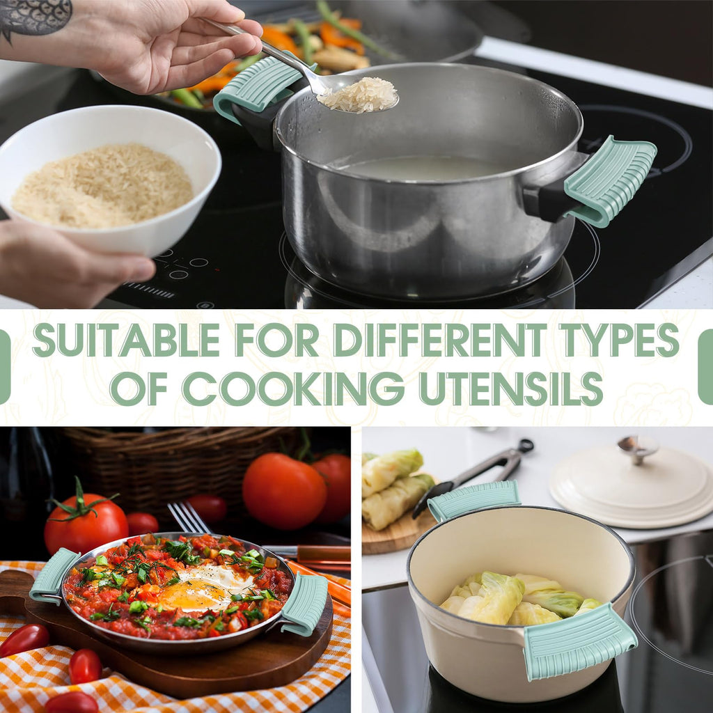 Patelai 4 Pcs Silicone Assist Hot Pan Handle Holder Pot Handle Covers for Cast Iron Skillets Holder Sleeve Nonslip Heat Resistant Pan Cover for Enameled Griddles Casserole Frying Cookware(Mint Green)