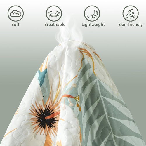 Yogeneg King Quilt Bedding Set,White Botanical Pattern Sage Green King/Cal King Quilt Set,3 Piece Lightweight Soft Summer Bedspread Coverlet with 2 PIillow Shams,All Season(Sage Green,110"x96")