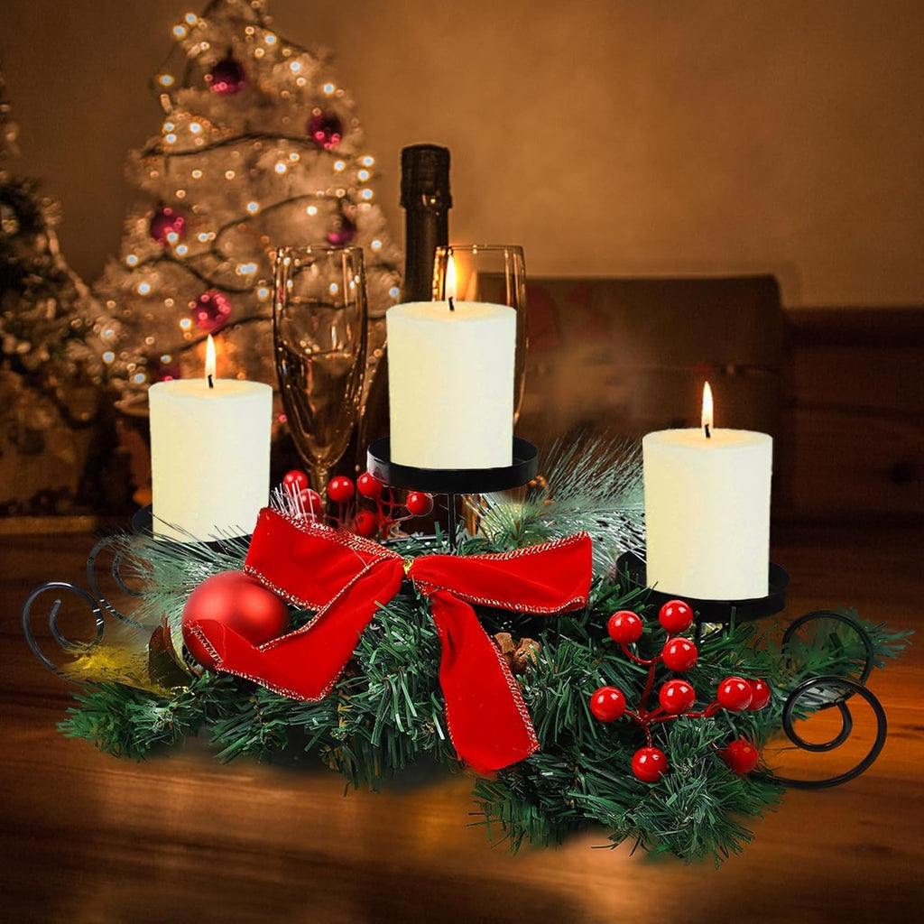 MorTime Christmas Candle Holder - Festive Table Centerpiece with Red Bow, Berries & Pinecones | Steel Base
