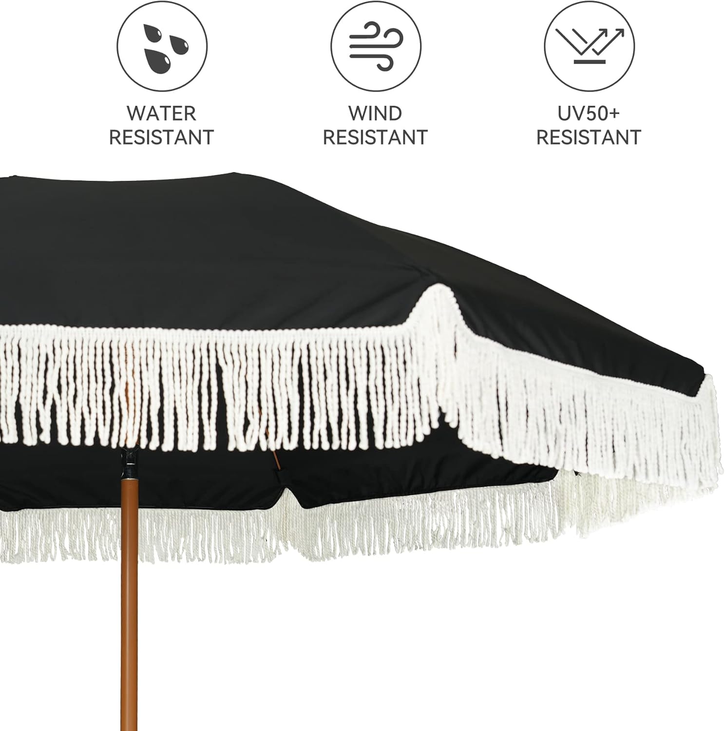 AMMSUN 7ft Patio Umbrella - Stylish Fringe Design with UPF50+ Protection & Steel Pole | Black