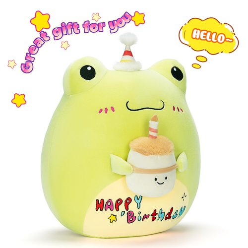 PLAYNICS Original 14-inch Large Happy Birthday Frog Plush Pillow Stuffed Animal Toy,Big Size Cute Soft Toys Fat Kawaii Cuddle Huggable Plushie,Gift for Kids