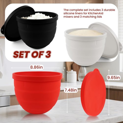 [3-Pack] Collapsible Silicone Mixing Bowl Liners Compatible with KitchenAid 5 Qt Tilt-Head Mixers - Includes 3 Liners & 3 Lids - Foldable Space Saving, Microwave & Dishwasher Safe Accessories