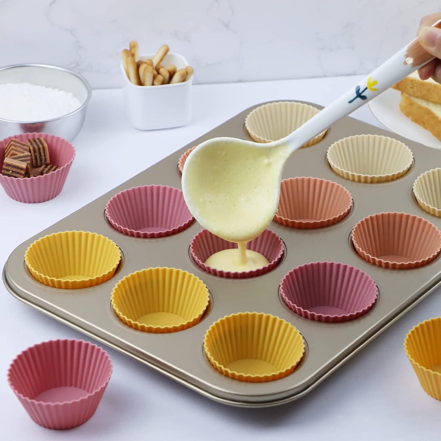 Skiennix Silicone Baking Muffin Cups - 12 Pack Reusable Cupcake Liners | BPA Free & Dishwasher Safe (Orange)