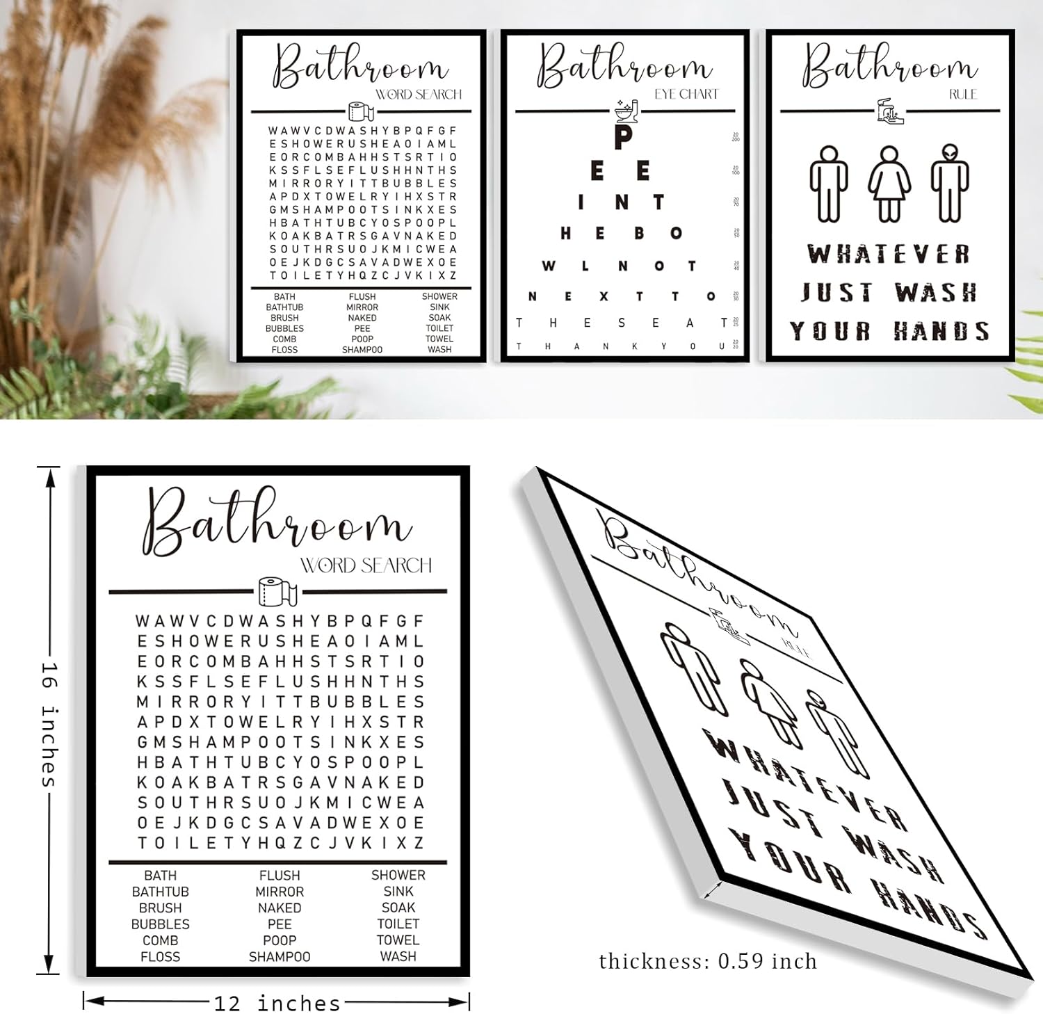 Skiennix Framed Funny Bathroom Wall Art - Black & White Word Search Pee Eye Chart | 12x16 Inches, Set of 3