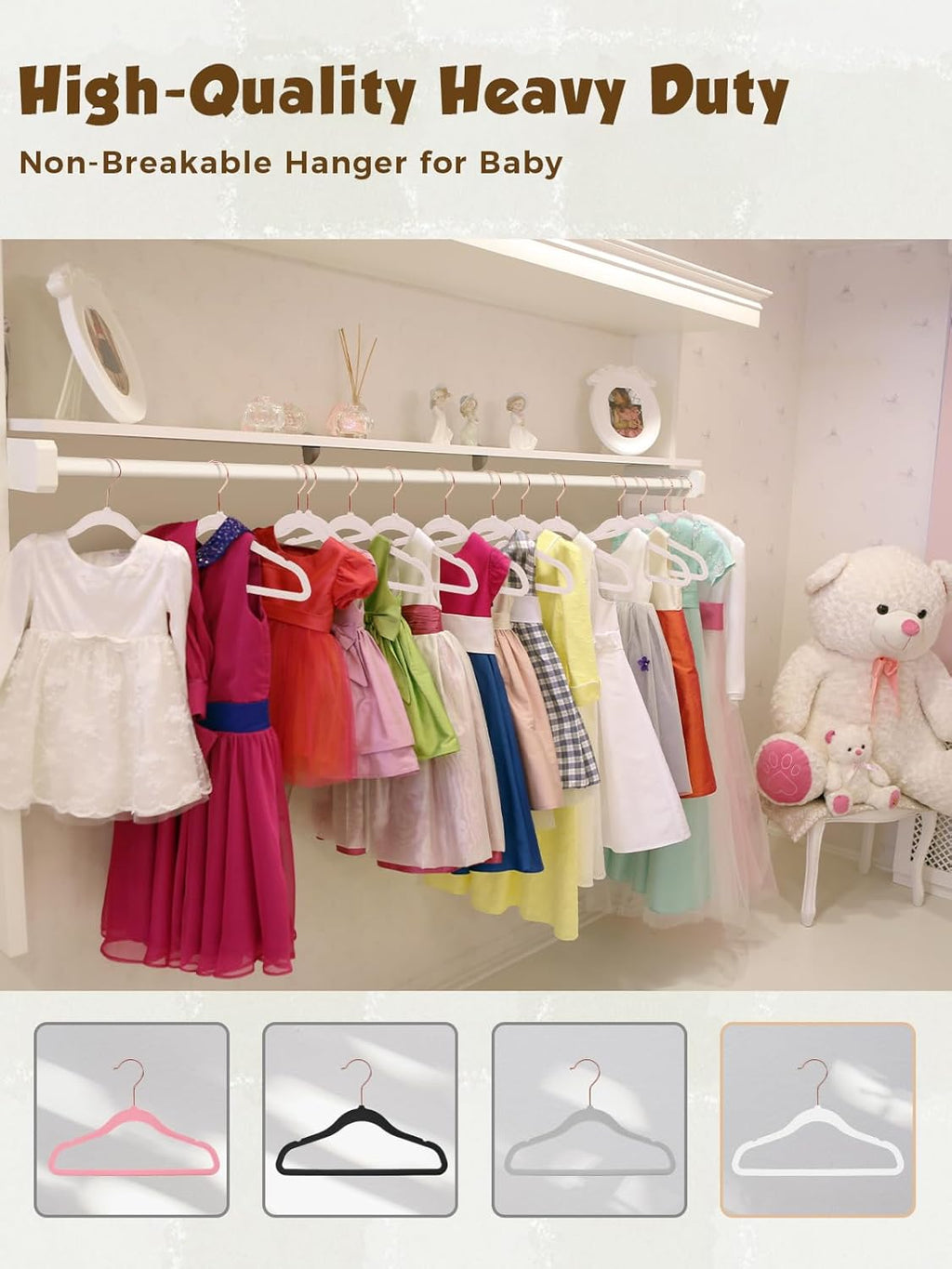 Smartor Kids Velvet Hangers - 50 Pack Premium Non-Slip Felt Hangers for Toddler Clothes | 14 Inch - White with Rose Gold Hook