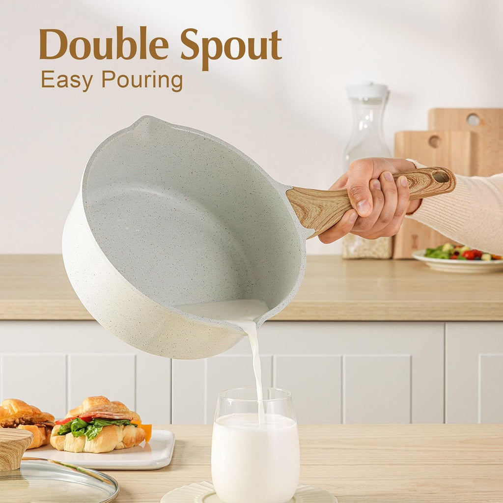 SENSARTE Nonstick White Ceramic Saucepan - 3.0 Quarts with Double Spout & Stay Cool Handle | Induction Compatible