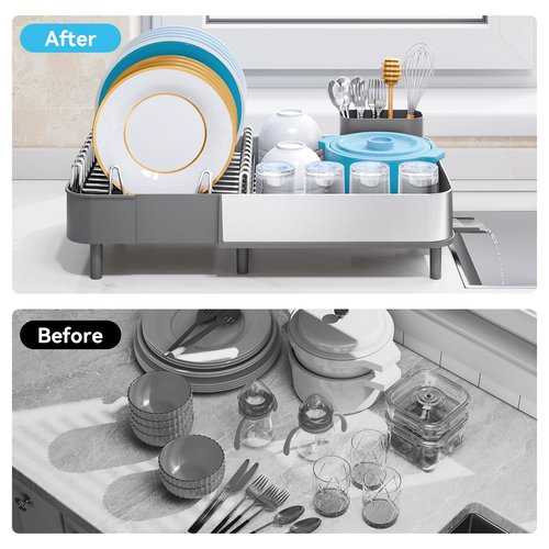 Urackify Dish Drying Rack, 304 Stainless Steel Dish Drainer with Removable Utensil Holder & Drain Board, Rustproof Space-Saving Dish Rack for Kitchen Countertop, Grey