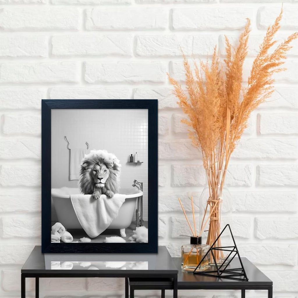 Regine Switzerland Black and White Lion Canvas Wall Art - Funny Bathroom Decor Print | Framed Animal Artwork