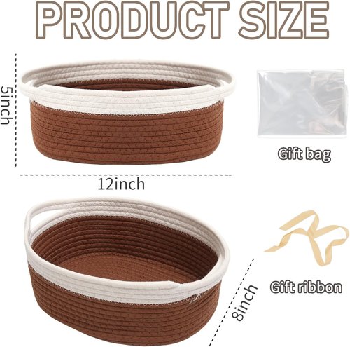 JMvicyroam Woven Storage Baskets - Small Rope Organizer with Handles | White & Brown - 3 Pack for Shelves & Closets