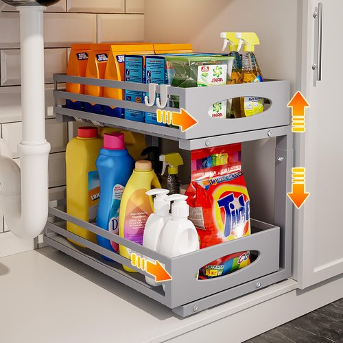 mixeshop Under Sink Organizer, 2 Tier Under Sink Organizers and Storage, Adjustable Height, Slide out Metal Cabinet Organizers, Pull out Cabinet Storage Drawer Shelf for Kitchen Bathroom Gray 1Pack