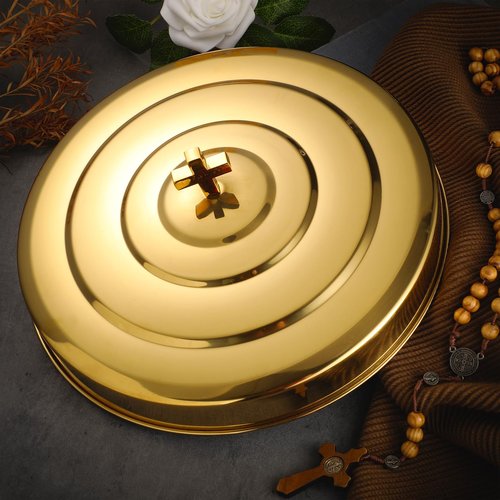 Newtay Gold Communion Trays Cover Stainless Steel Round Holy Cup Tray Cover for Churches Communion Supplies, 11 Inches