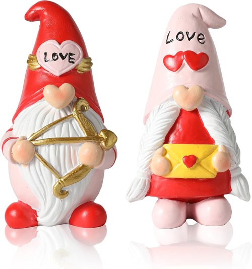 iStatue Valentine Gnomes - Adorable Set of 2 Resin Statues with Heart-Shaped Love & Cupid's Arrow | Perfect Valentine's Day Decor & Gifts