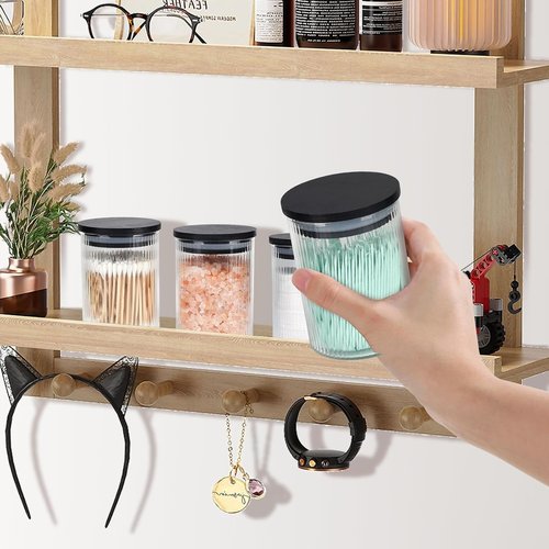 BKYFPQ Glass Qtip Holder Dispenser Set - 4 Apothecary Jars with Lids for Makeup & Bathroom Storage