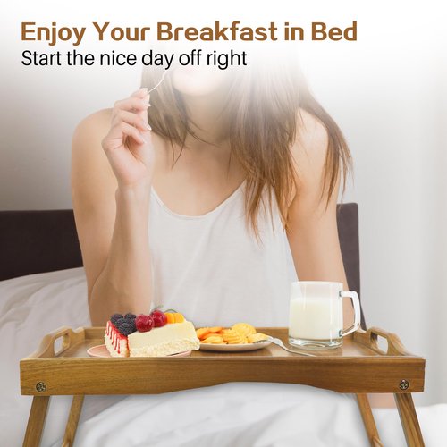 Utoplike Acacia Bed Tray Table for Eating, Large Breakfast Tray with Folding Legs, Wood Serving Trays for Laptop Working