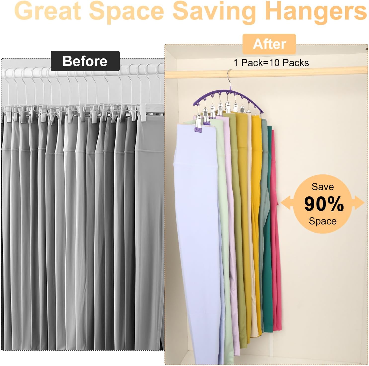 Skiennix Legging Organizer - Metal Yoga Pants Hanger with 10 Clips | Space-Saving Closet Storage - Purple