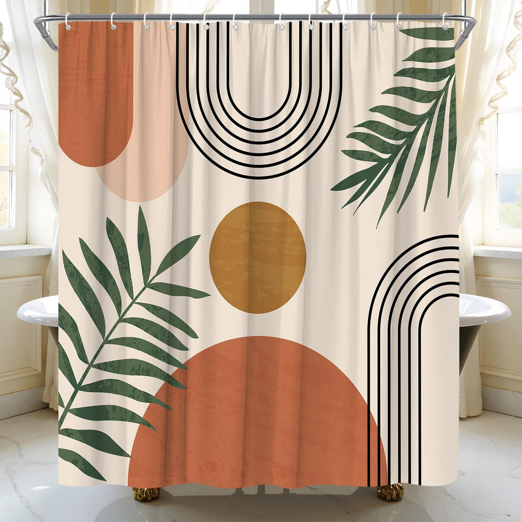 Mid Century Modern Shower Curtain Boho Beige Orange Abstract Retro Aesthetic Fabric for Bathroom Decor Bathtub with Hooks (70" WX70 H)