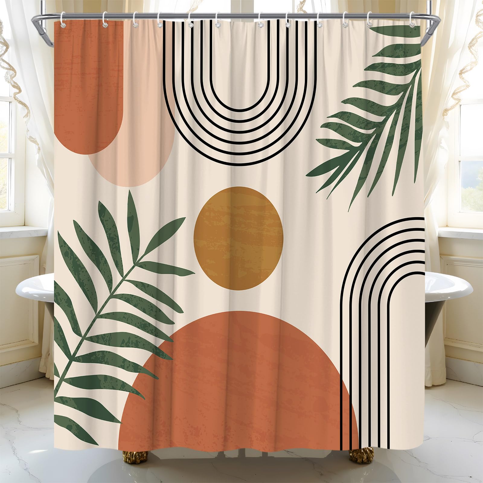 Mid Century Modern Shower Curtain Boho Beige Orange Abstract Retro Aesthetic Fabric for Bathroom Decor Bathtub with Hooks (70" WX70 H)
