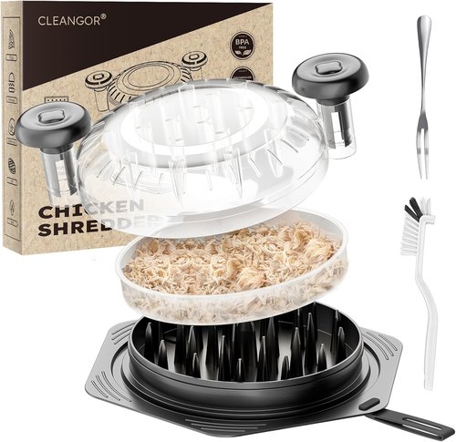 Cleangor Chicken Shredder Tool - Large BPA-Free Meat Shredder with Ergonomic Handle | Black Set with Brush & Fork