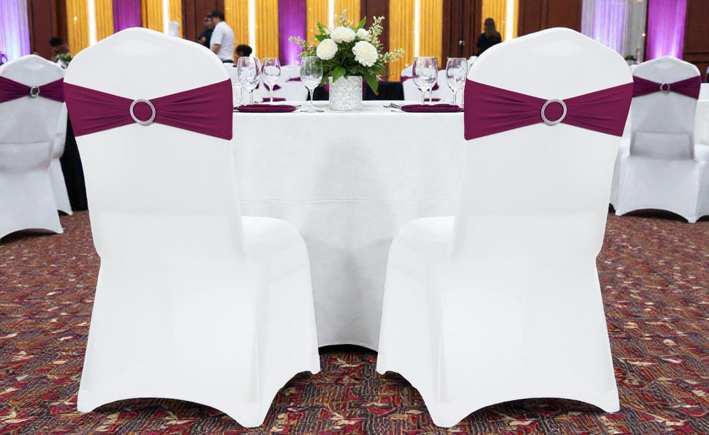 MDS Spandex Chair Sashes - 150 Universal Elastic Stretch Bands with Buckle Slider Bow | Eggplant Color
