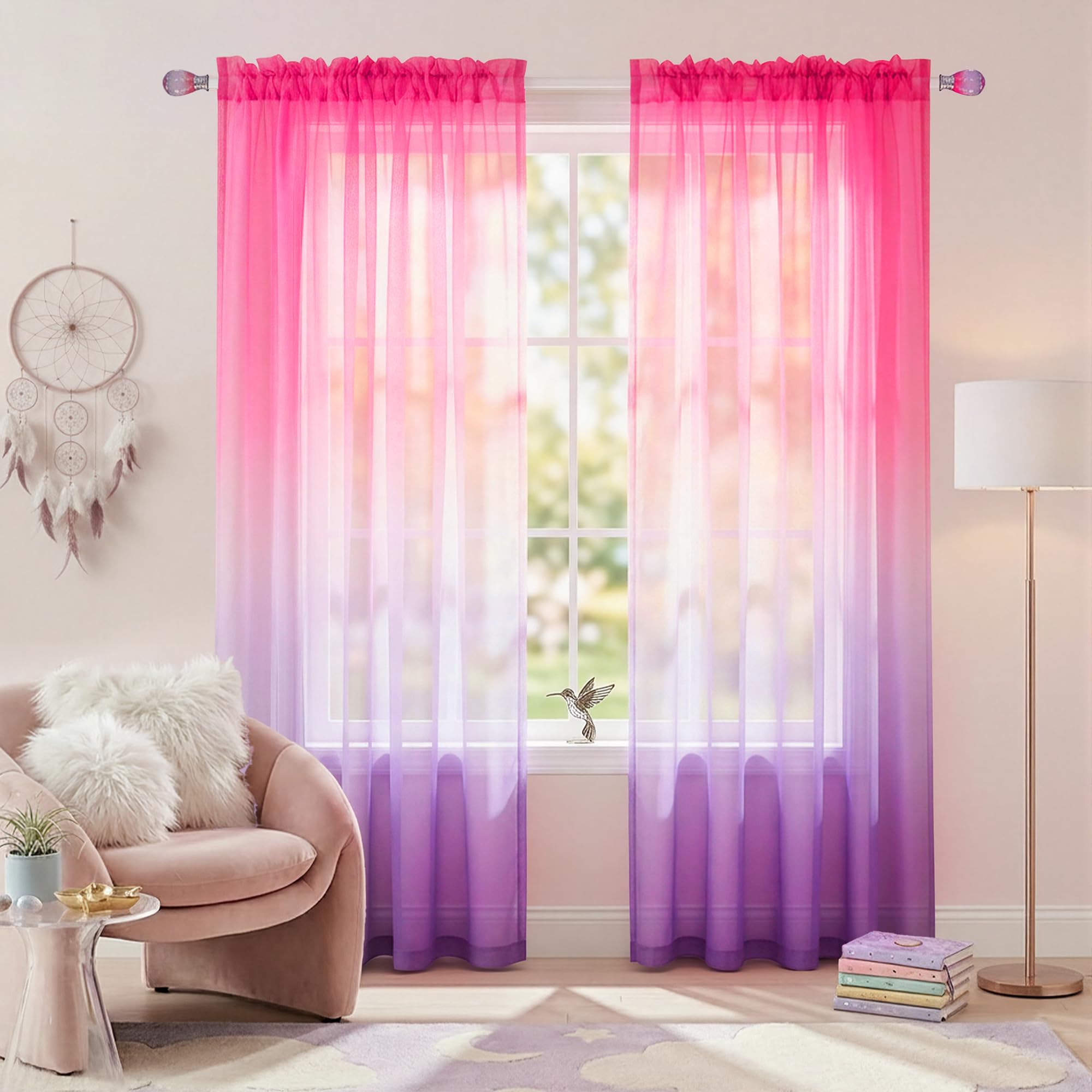 Sheer Curtains for Little Girls Bedroom, Kawaii Cute Preppy Teen Toddler Ombre Rainbow Curtains for Nursery Kids Room Decor Aesthetic, Wide 52 x 84 Inches Long 2 Panels Set, Pink and Purple Lilac