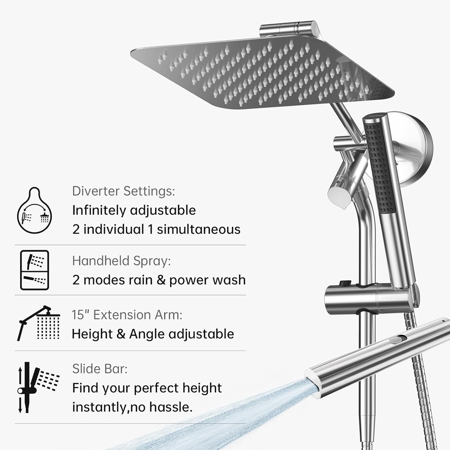 Veken 10" Luxurious Rain Shower Head - High Pressure Dual Showerhead with Handheld & Extension Arm | Chrome Finish