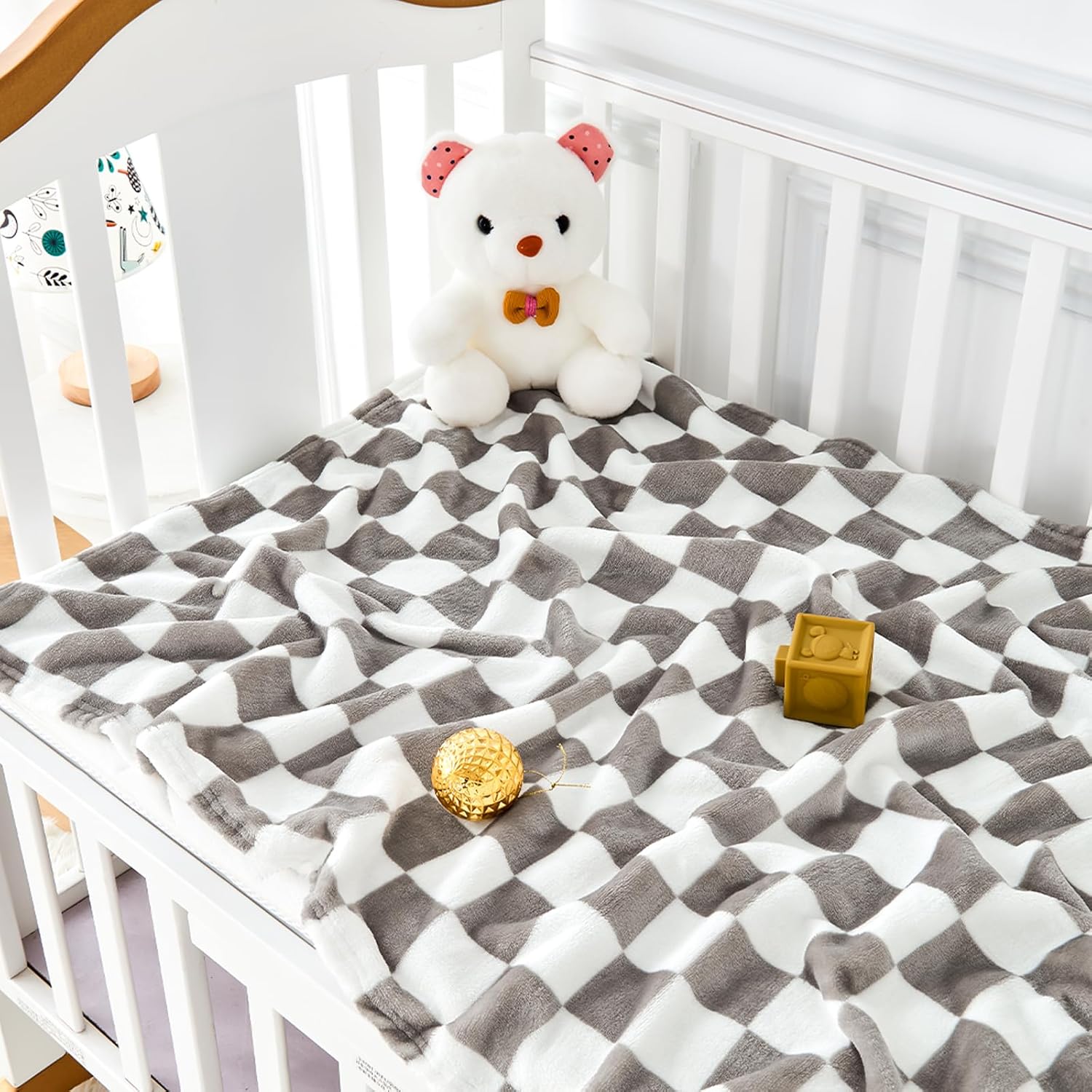 Yurhap Checkered Baby Blanket - Super Soft Fleece for Boys & Girls | 30x40 Inch, Greige