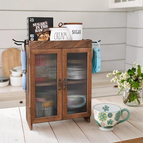 Ikee Design Wooden Countertop Storage Cabinet with Wavy Magnetic Door, Adjustable Shelves, Removable Hooks. Perfect for Perfume, Figurines, and Coffee Cups, Brown Color, 10.4 W x 6.1 D x 14.4 H in