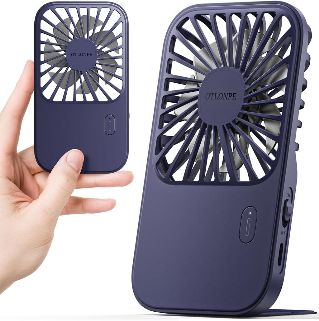 Otlonpe Mini Portable Handheld Fan - Rechargeable, 3-Speed, Foldable Stand, Slim Design | Blue