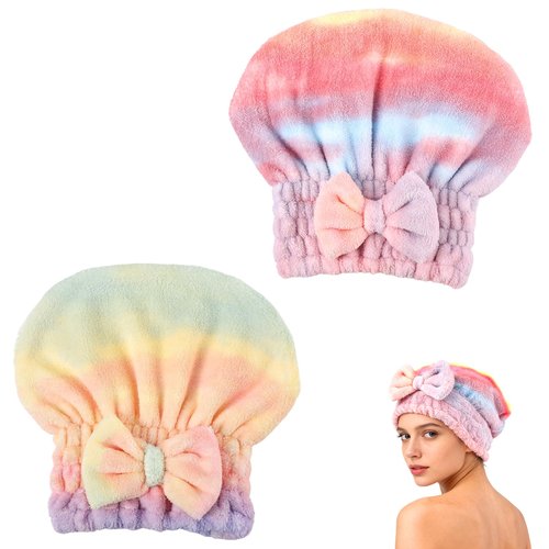 2Pcs Super Absorbent Hair Towel Wrap for Wet Hair, Microfiber Hair Drying Caps,New Fast Drying Hair Turban Wrap Towels Shower Cap for Girls and Women(Green+Pink)