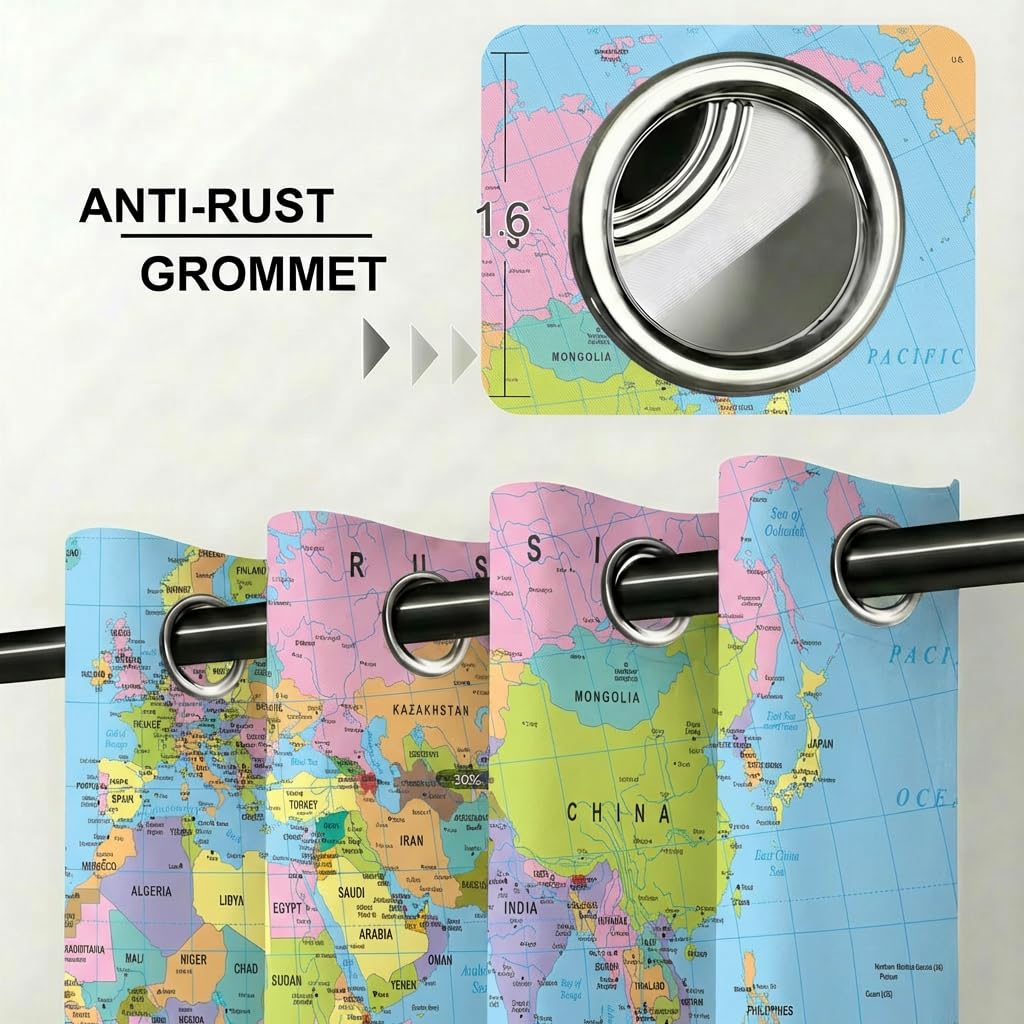 terxgrl World Map Blackout Curtains for Girls Boy Home Decor, Geography Educational Tourist Map Grommet Thermal Insulated Drapes Darkening Window Curtain for Bedroom Living Room, 42 x 45 Inch
