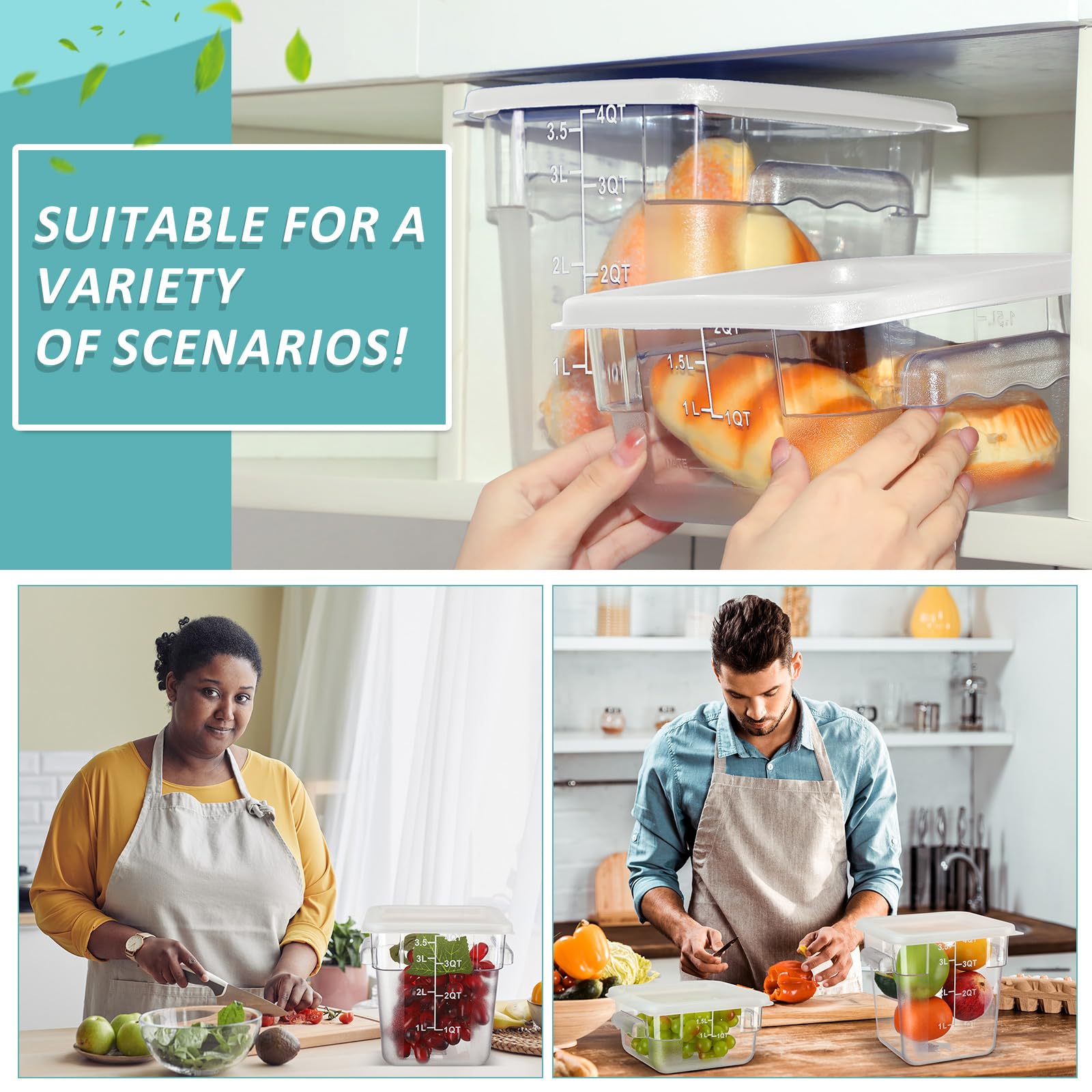 Yungyan 16 Pcs Restaurant Food Storage Containers with Lids Set 2Qt and 4Qt Commercial Restaurant Square Storage Containers Clear Food Cereal Container for Kitchen Freezer (White Lids)