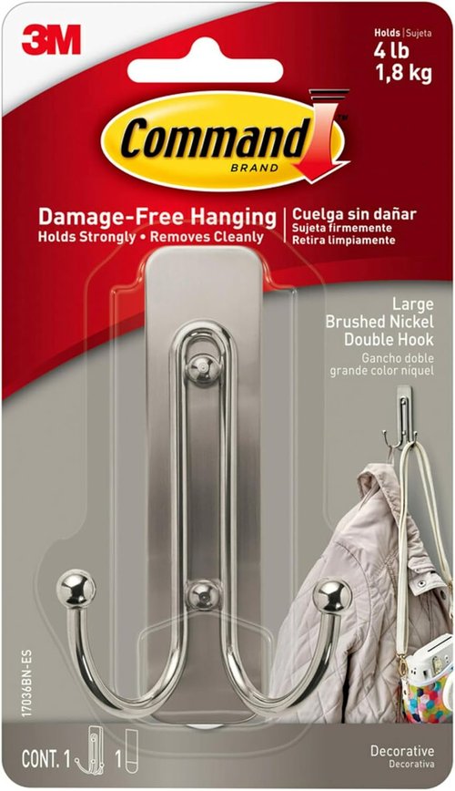 Command Large Brushed Nickel Double Hook - Damage-Free Wall Hooks with Adhesive Strips | Holds Up to 4 lb