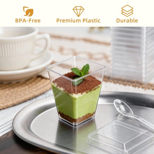 Pryntono 60 Pack 5 oz Plastic Dessert Cups with Lids and Spoons, Clear Mini Dessert Shooter Cups for Pudding, Fruit and Ice Cream