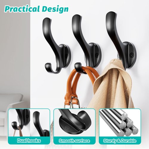 Ruiziiz Coat Hooks Heavy Duty - Easy to Install Metal Towel Hooks Screw-in Wall Hooks for Hanging Hat, Towel, Key, Robe, Scarf, Bag, Cap (6 PCS Black)