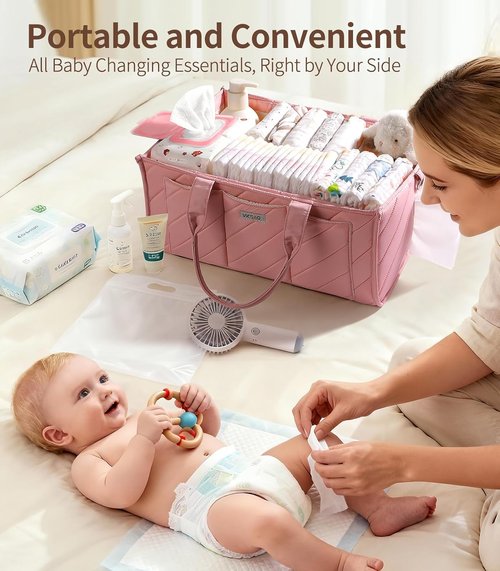 Diaper Caddy Organizer by Extra Large - Water-Resistant Nursery Storage Basket with Zipper Pocket & Shoulder Strap | Perfect for Twins, Blush Pink