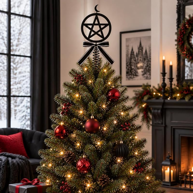 14 Inch Black Gothic Pentagram Tree Topper with Crescent Moon and Bow
