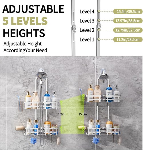 GAOKASE Aluminum Shower Caddy - Rustproof Hanging Organizer with 4 Levels & 10 Hooks - Silver