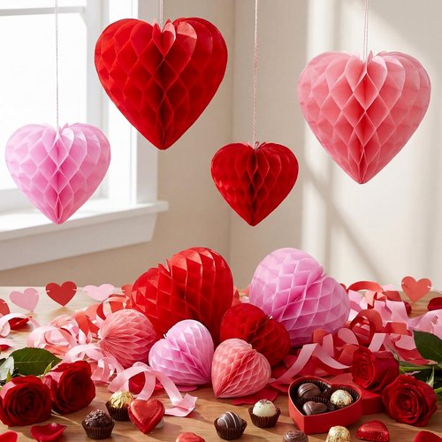 Yexiya 32 Pieces Honeycomb Balls Valentines Pom Poms Red Paper Honeycomb Ball Decorations Hearts Tissue Paper for Wedding, Valentine's Day, Engagement, Bridal Shower(Red, Light Pink, Blush Pink)