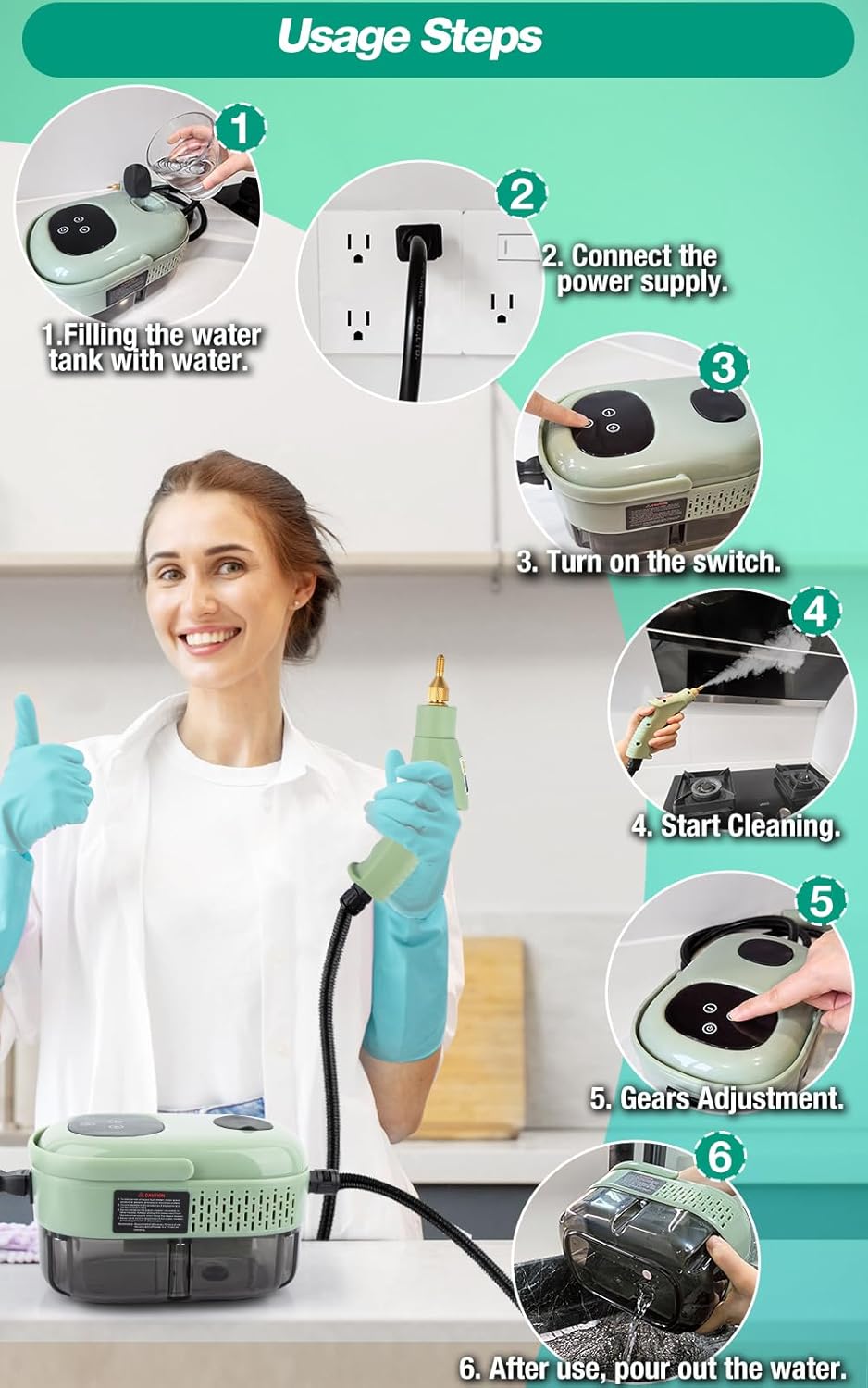 Skiennix Steam Cleaner - 2500W High Pressure Handheld Steamer with 6 Adjustable Gears | Portable for Home, Kitchen, Bathroom & Car Detailing (Green)