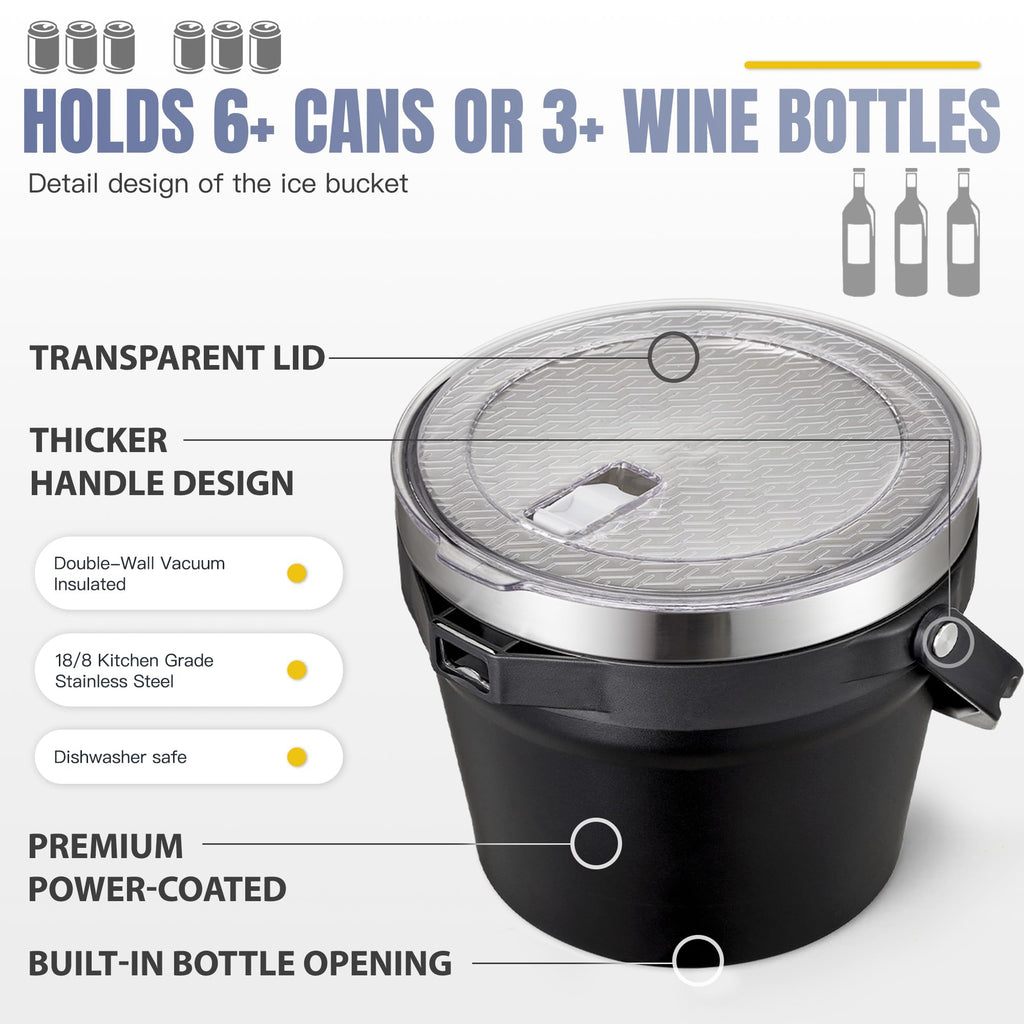 COKTIK 7L Vacuum Insulated Ice Bucket with Lid and Scoop& Tongs，Large capacity Stainless Steel Beverage Bucket for Cocktail, Champagne, Wine, Beer，Large Parties（Carbon Black Suit）