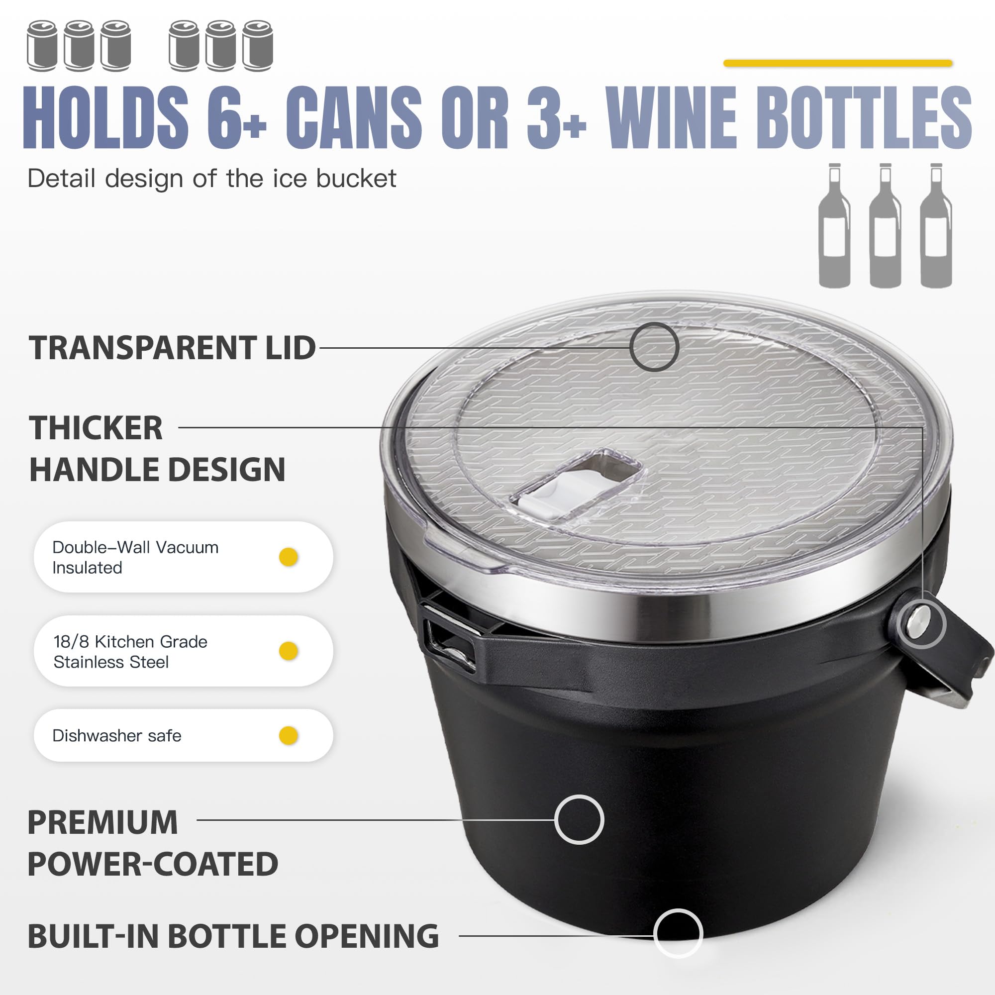 COKTIK 7L Vacuum Insulated Ice Bucket with Lid and Scoop& Tongs，Large capacity Stainless Steel Beverage Bucket for Cocktail, Champagne, Wine, Beer，Large Parties（Carbon Black Suit）