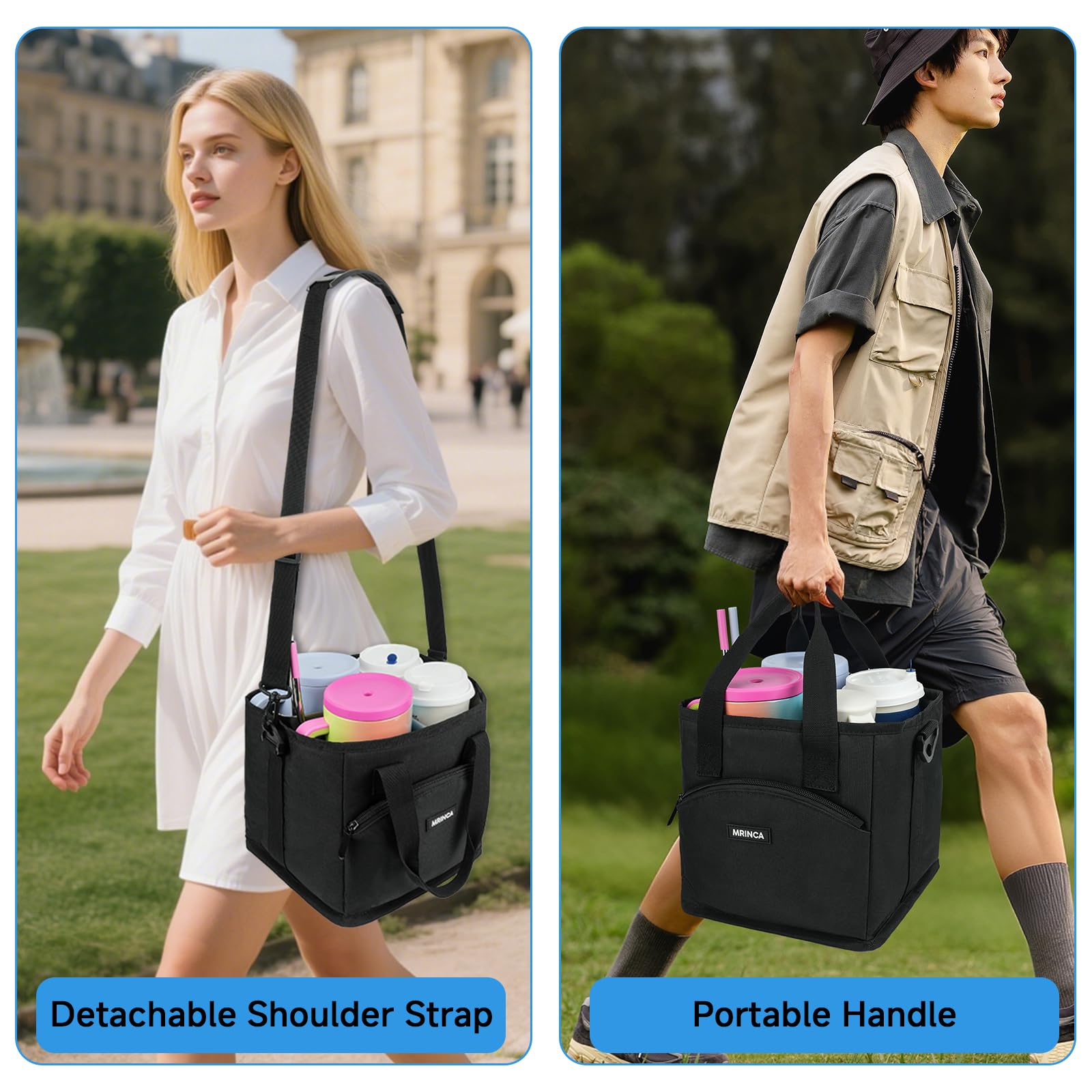 MRINCA Reusable Drink Carrier with Handle – Insulated, Collapsible 4-Cup Beverage Bag with No-Spill Base, Adjustable Dividers & Shoulder Strap, Portable Caddy for Delivery, Car and Travel, Black