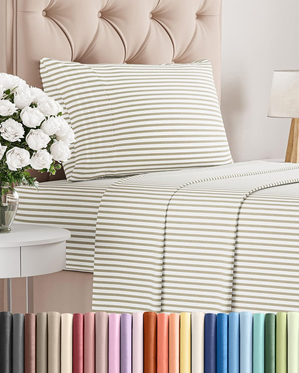 Skiennix Twin Size 3-Piece Sheet Set - Comfy Cooling Bed Sheets with Deep Pockets - Oeko-Tex Beige Stripes