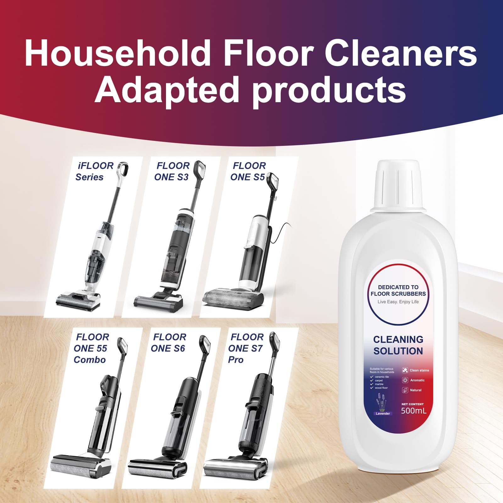 Floor Cleaning Solution Lavender Scent Compatible with Tineco Cleaning Solution, Residue & Streak Free, Suitable for All Robot Vacuum Cleaners and Wireless Wet Dry Dual-Use Vacuum Cleaners