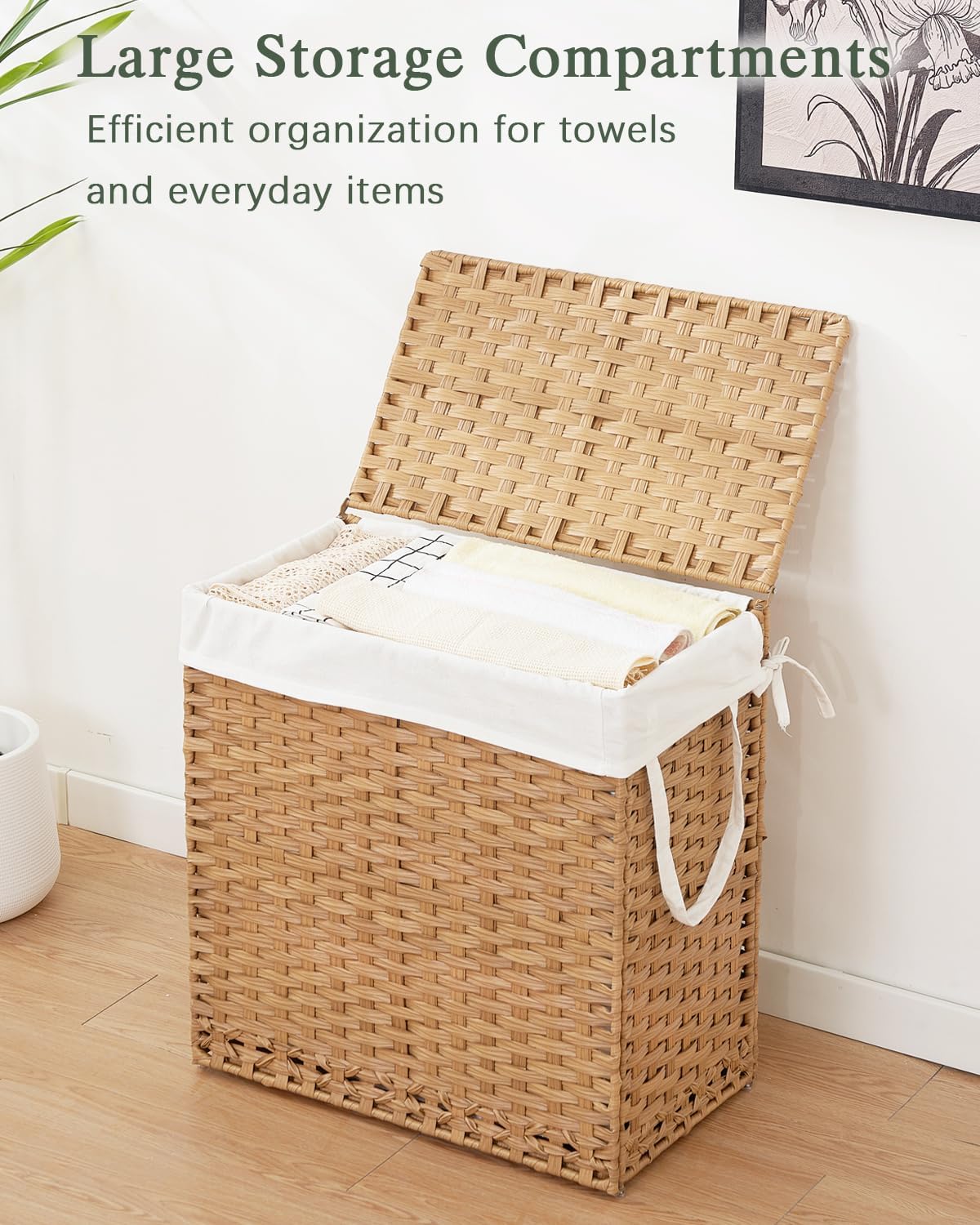 SETVSON Laundry Hamper - Handwoven Rattan Basket with Lid & 3 Removable Liners | 112L (29.6 Gal)