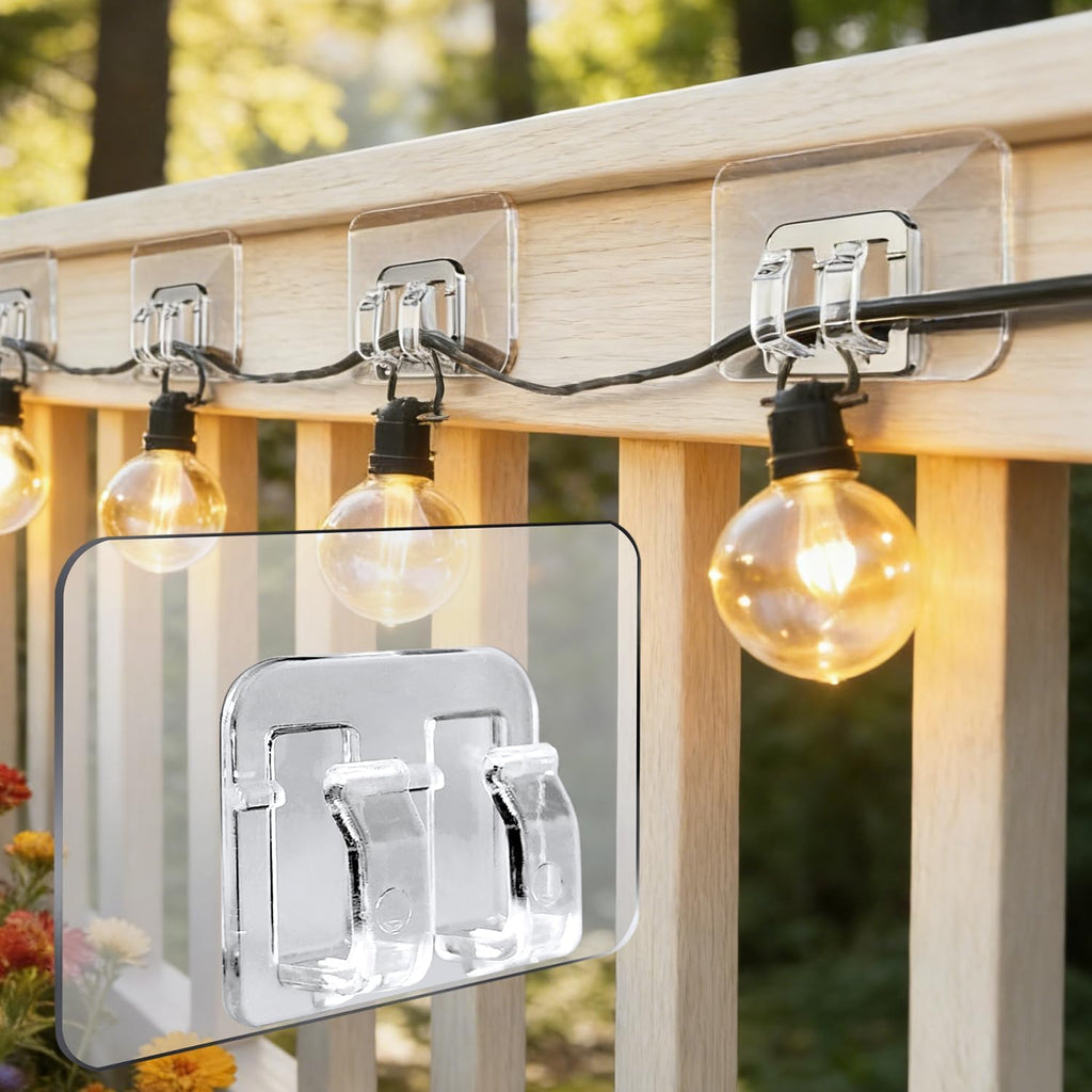 Skiennix Outdoor String Light Clips - 90Pcs Heavy-Duty Adhesive Hooks for Christmas Lights | Waterproof & Clear