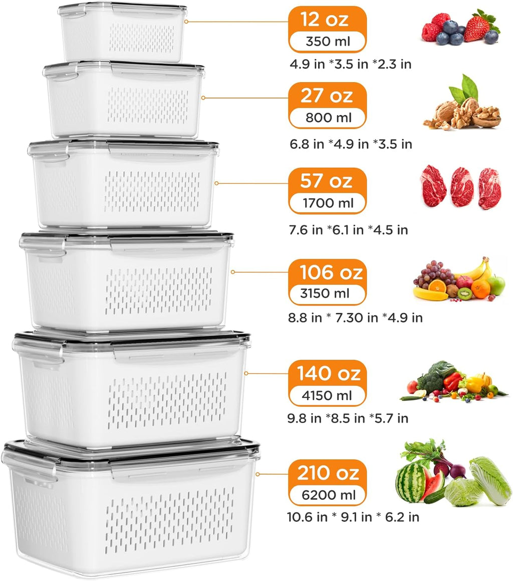 Skiennix 6 PCS Fruit Storage Containers - Leakproof Design with Removable Colanders | Keep Produce Fresh Longer
