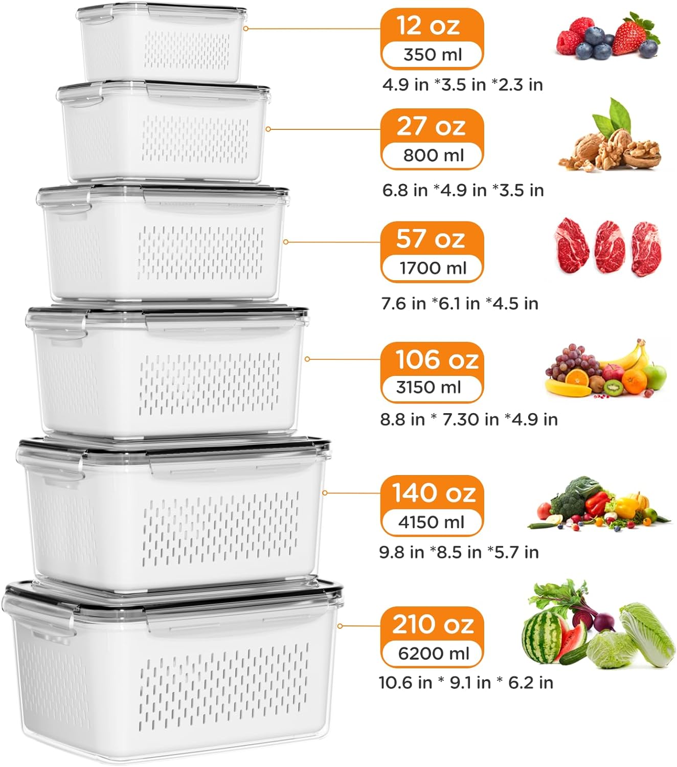 Skiennix 6 PCS Fruit Storage Containers - Leakproof Design with Removable Colanders | Keep Produce Fresh Longer