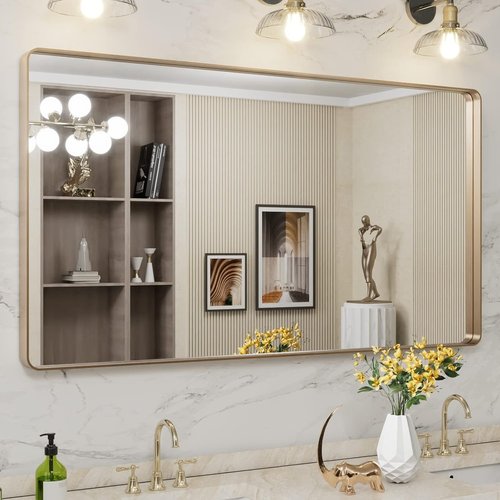 LOAAO Gold Bathroom Mirror - 55”X30” Rounded Rectangle Design | Brushed Gold Frame, Anti-Rust, Wall-Mounted